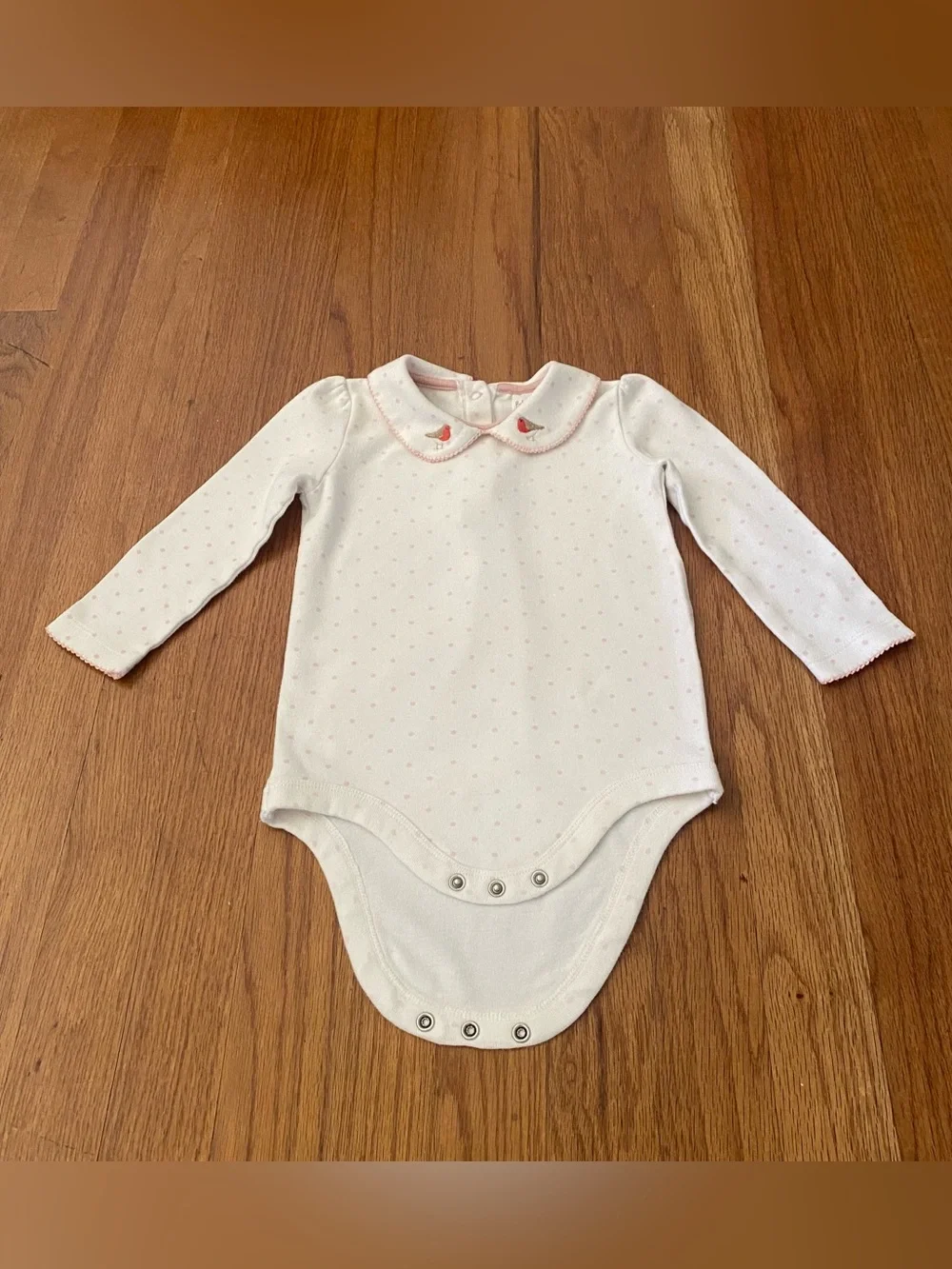 Baby Boden Dots Bodysuit with Bird Embroidered Collar